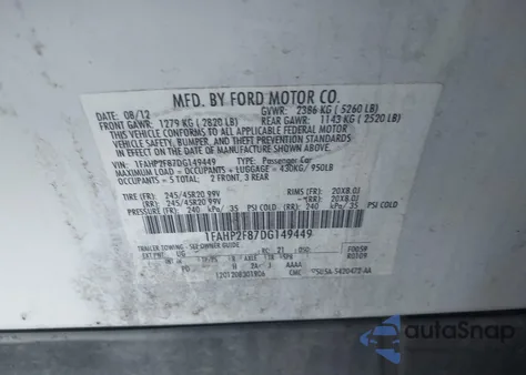 2013 Ford Taurus Limited z USA, uszkodzony, nr VIN 1FAHP2F87DG149449